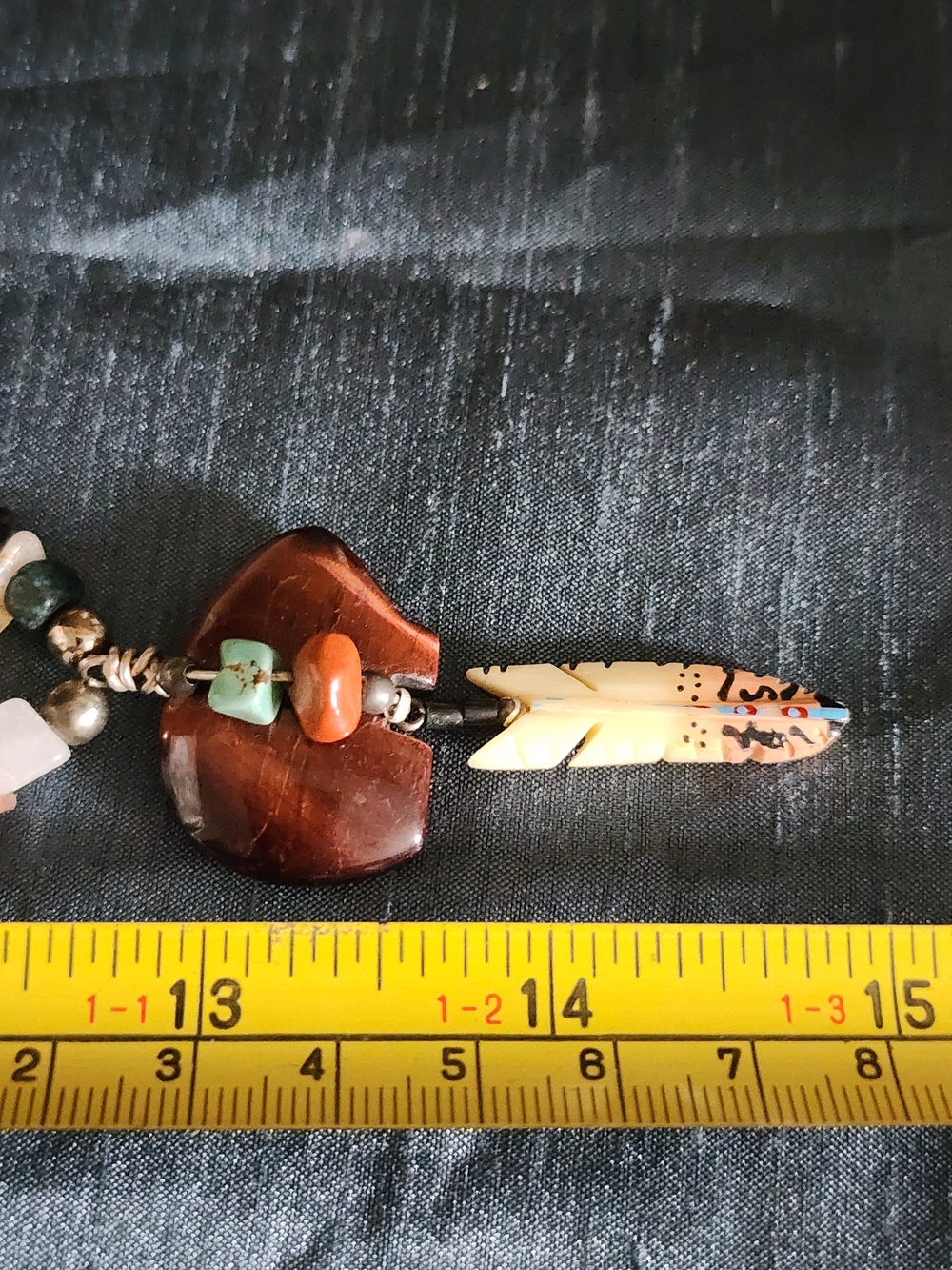 Boho Multicolor Feather Bear Pendant Necklace with Turquoise and Coral Accents - Picture 7 of 8